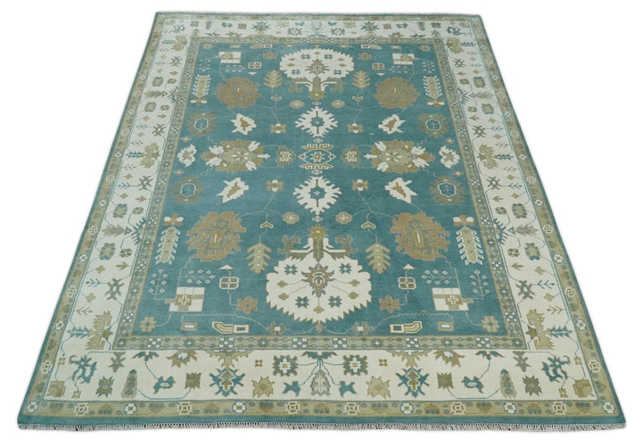 Custom Made Hand Knotted Blue, Ivory and Beige Traditional Oushak Wool Rug - The Rug Decor