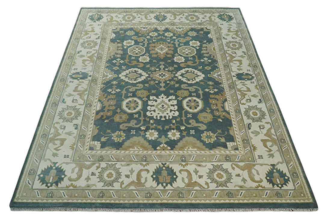 Custom Made Hand Knotted Dark Teal, Ivory and Beige Traditional Multi Size Oushak Wool Rug - The Rug Decor