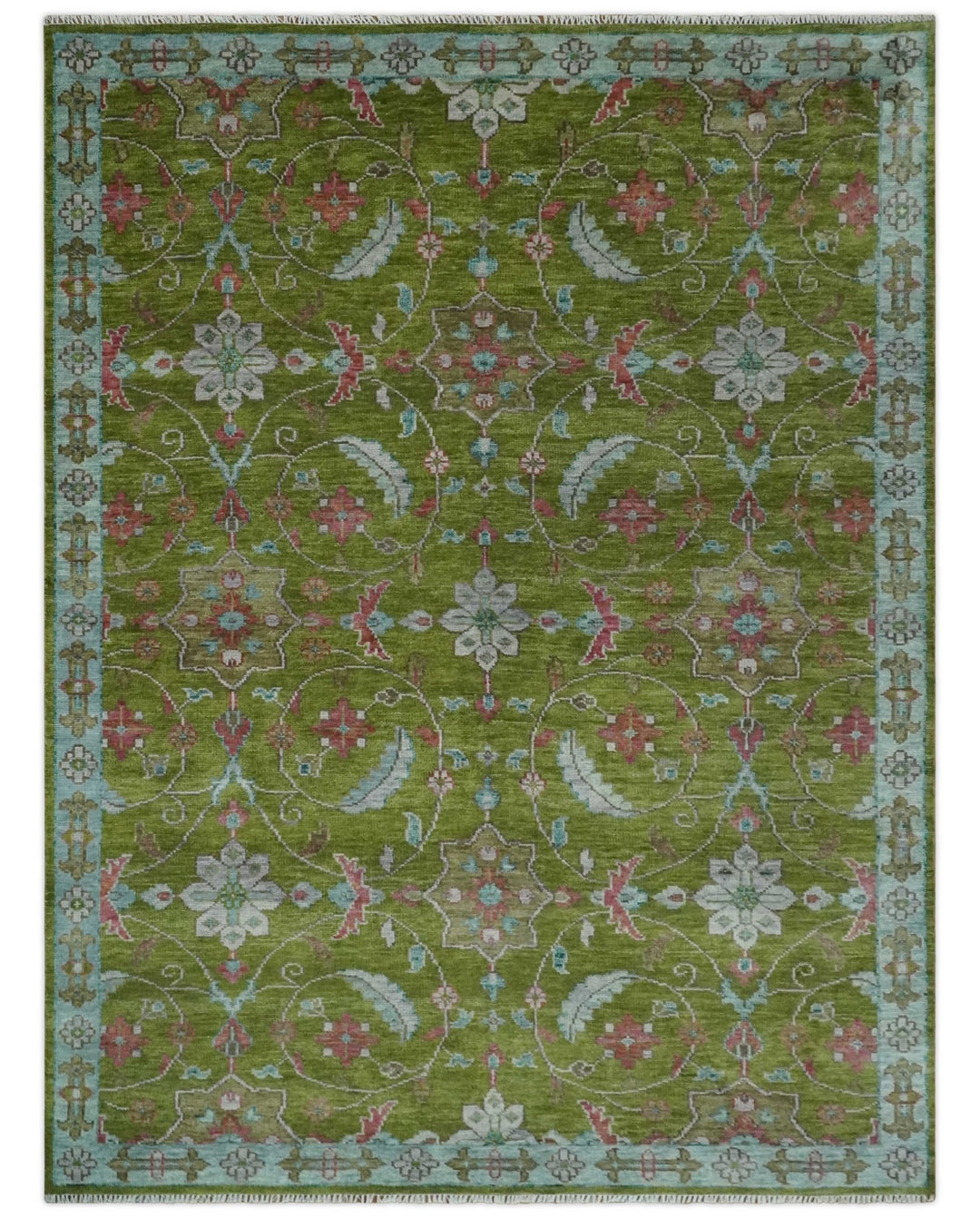 Custom Made Hand Knotted Green, Silver and Maroon Traditional Wool Area Rug - The Rug Decor