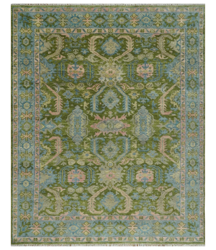 Custom Made Hand Knotted Green, Silver and Peach Traditional Oushak Wool Area Rug - The Rug Decor