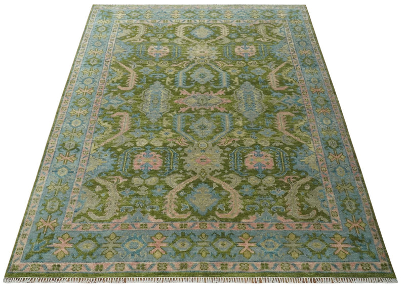 Custom Made Hand Knotted Green, Silver and Peach Traditional Oushak Wool Area Rug - The Rug Decor
