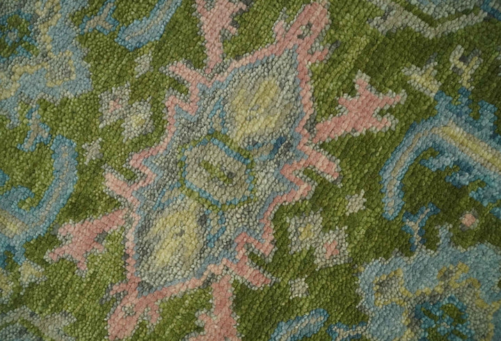 Custom Made Hand Knotted Green, Silver and Peach Traditional Oushak Wool Area Rug - The Rug Decor