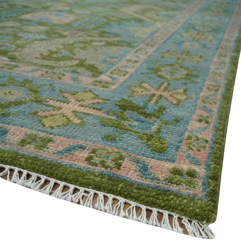 Custom Made Hand Knotted Green, Silver and Peach Traditional Oushak Wool Area Rug - The Rug Decor