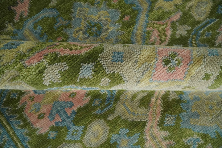 Custom Made Hand Knotted Green, Silver and Peach Traditional Oushak Wool Area Rug - The Rug Decor