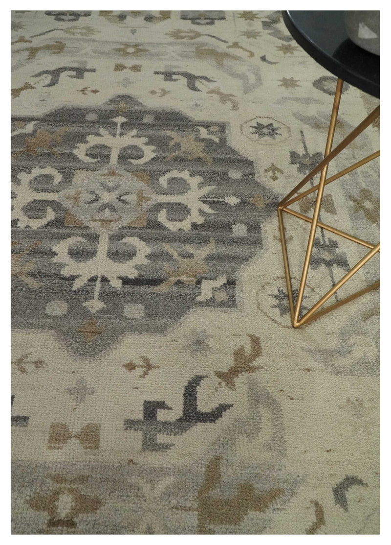 Custom Made Hand Knotted Ivory and Charcoal Medallion Pattern Wool Area Rug - The Rug Decor