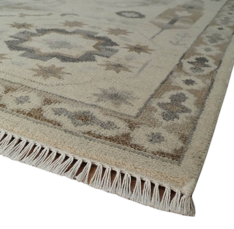 Custom Made Hand Knotted Ivory and Charcoal Medallion Pattern Wool Area Rug - The Rug Decor