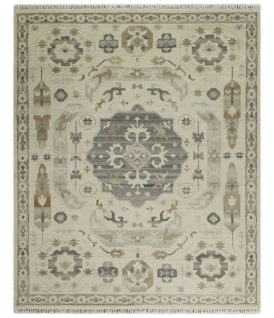 Custom Made Hand Knotted Ivory and Charcoal Medallion Pattern Wool Area Rug - The Rug Decor