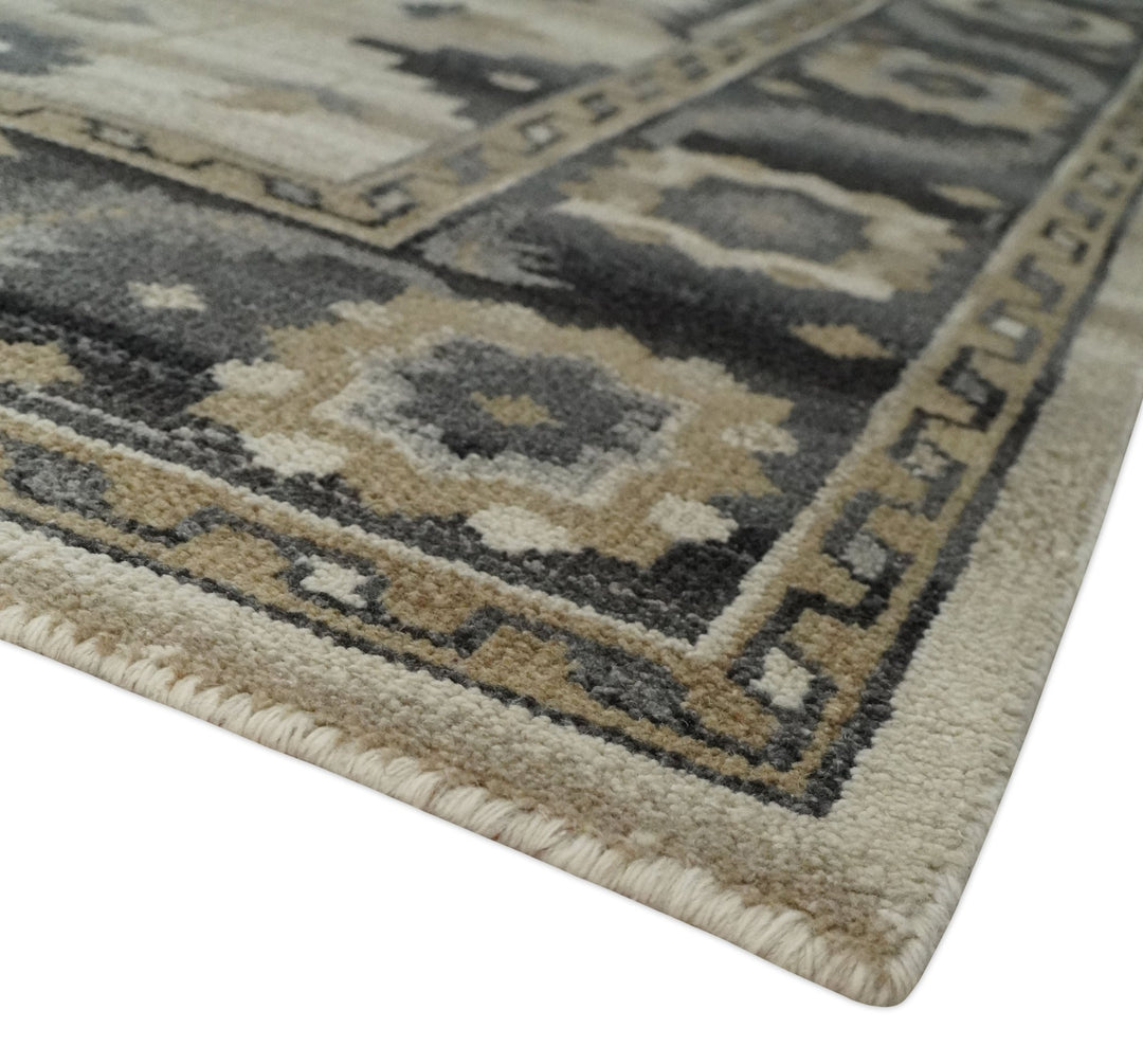Custom Made Hand Knotted Ivory, Charcoal and Beige Traditional Wool Area Rug - The Rug Decor