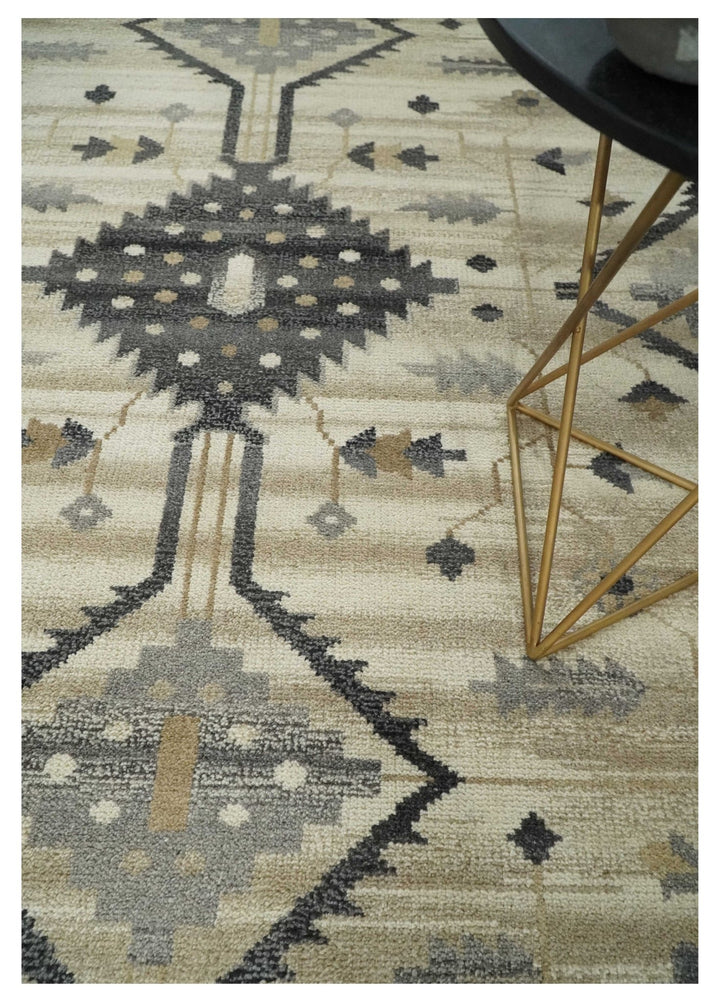 Custom Made Hand Knotted Ivory, Charcoal and Beige Traditional Wool Area Rug - The Rug Decor