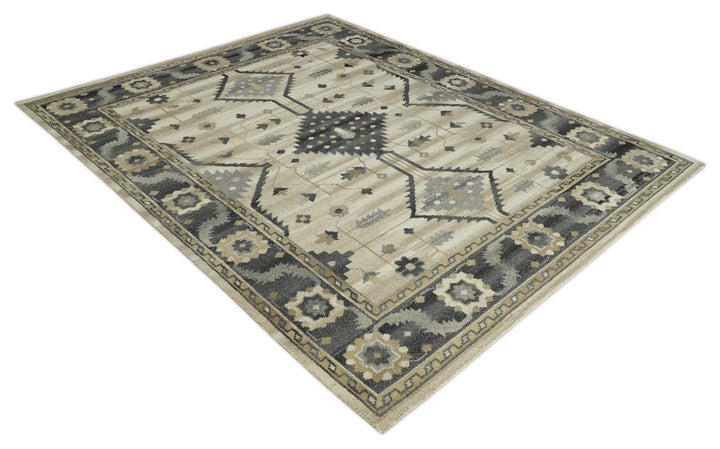 Custom Made Hand Knotted Ivory, Charcoal and Beige Traditional Wool Area Rug - The Rug Decor
