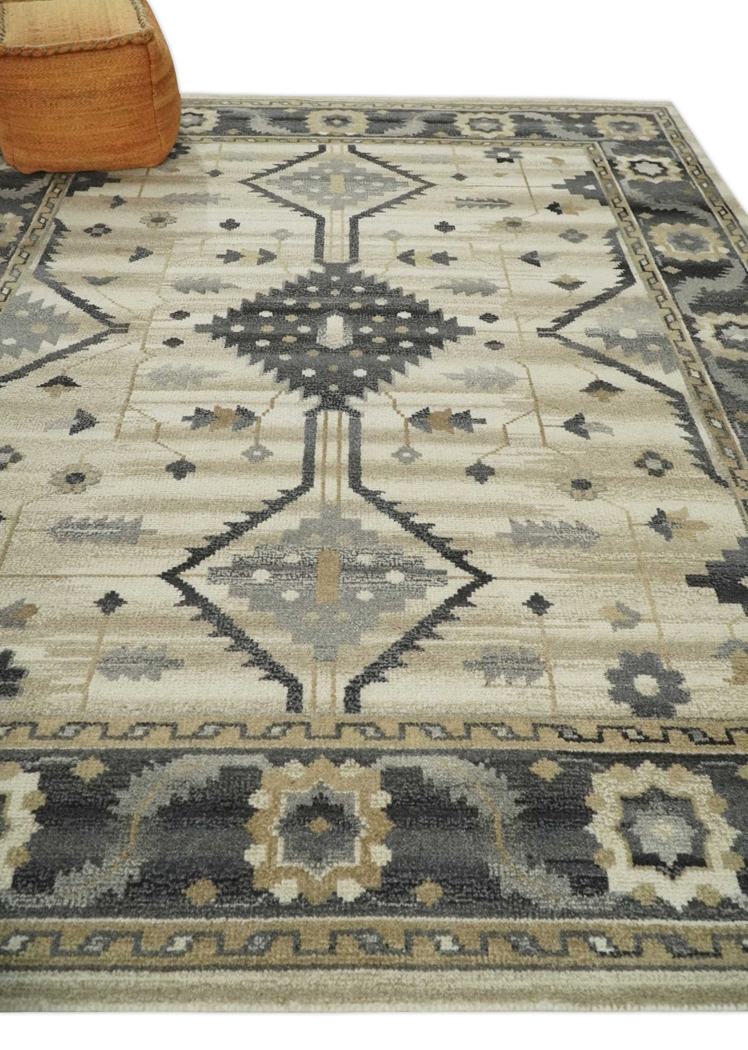 Custom Made Hand Knotted Ivory, Charcoal and Beige Traditional Wool Area Rug - The Rug Decor