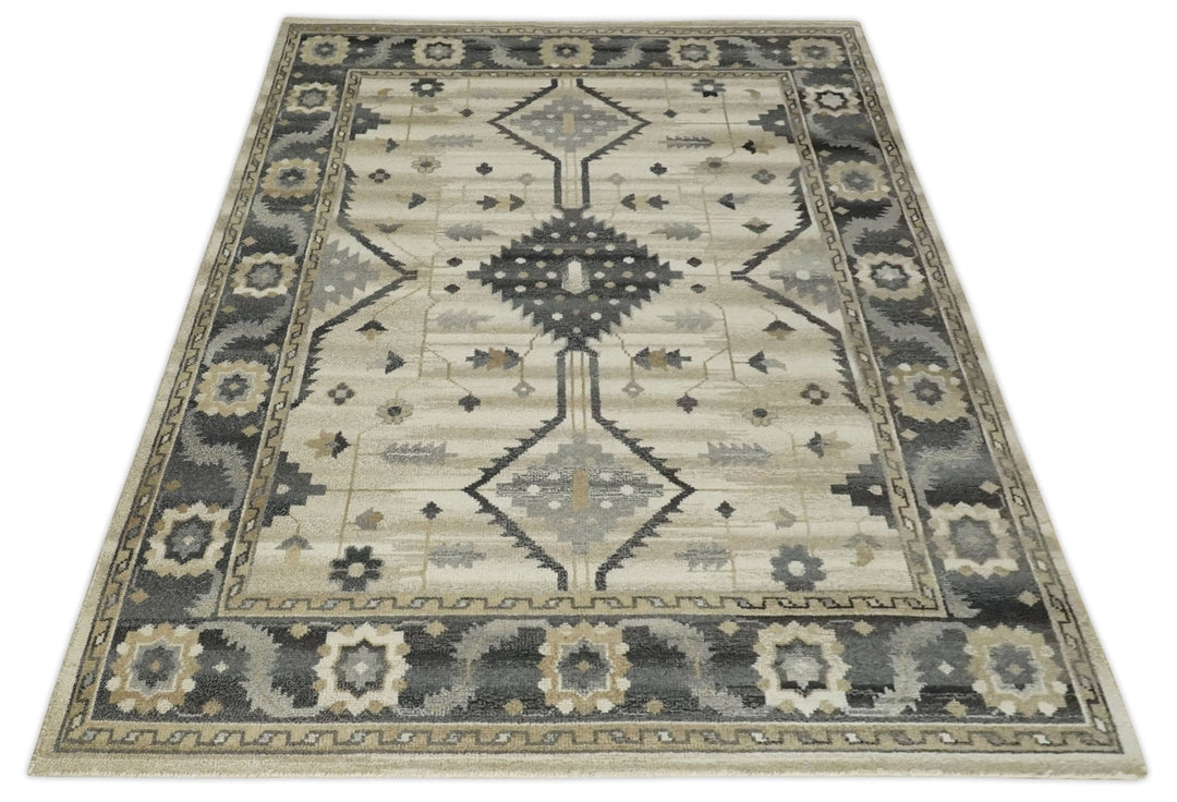Custom Made Hand Knotted Ivory, Charcoal and Beige Traditional Wool Area Rug - The Rug Decor
