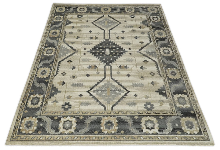 Custom Made Hand Knotted Ivory, Charcoal and Beige Traditional Wool Area Rug - The Rug Decor