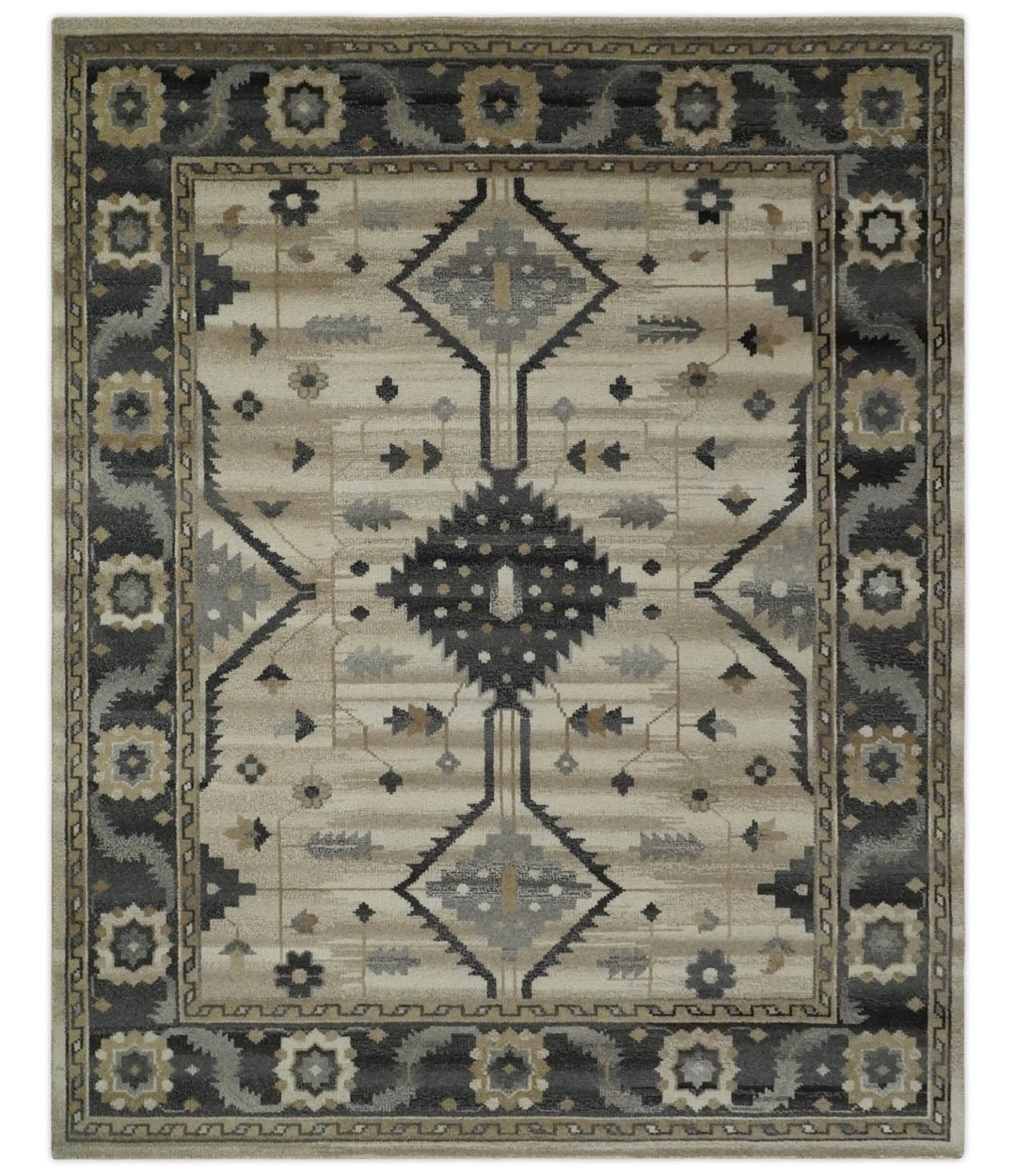 Custom Made Hand Knotted Ivory, Charcoal and Beige Traditional Wool Area Rug - The Rug Decor
