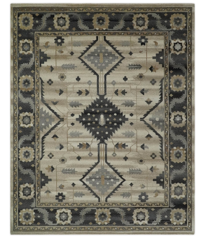 Custom Made Hand Knotted Ivory, Charcoal and Beige Traditional Wool Area Rug - The Rug Decor