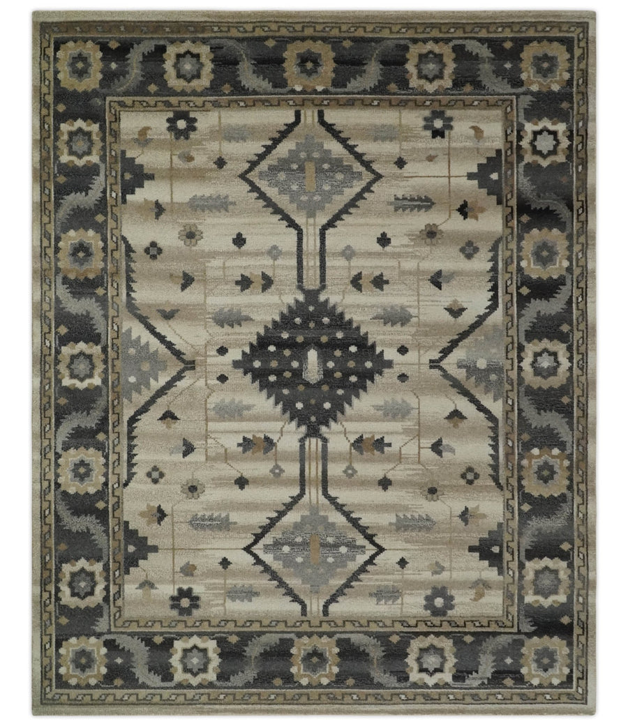 Custom Made Hand Knotted Ivory, Charcoal and Beige Traditional Wool Area Rug - The Rug Decor
