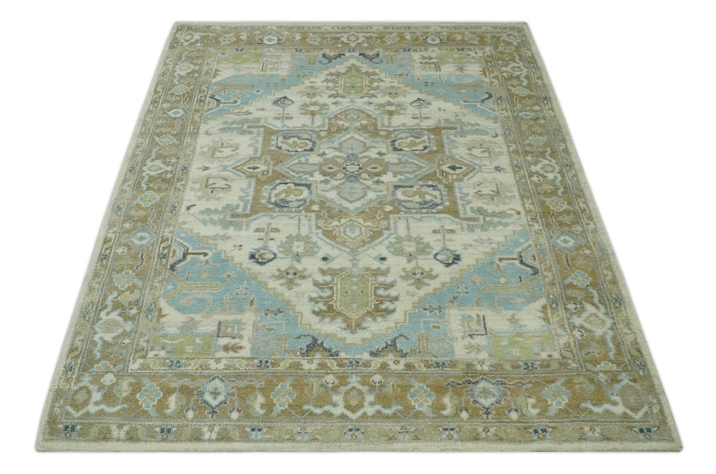 Custom Made Hand Knotted Ivory, Olive and Light Blue Traditional Wool Area Rug - The Rug Decor