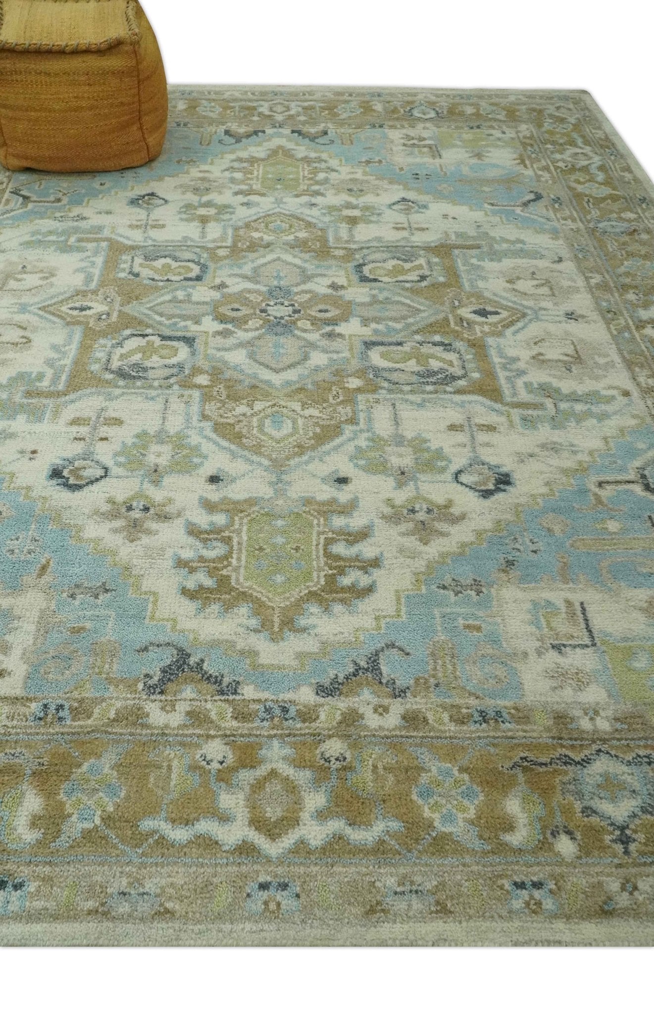 Custom Made Hand Knotted Ivory, Olive and Light Blue Traditional Wool Area Rug - The Rug Decor