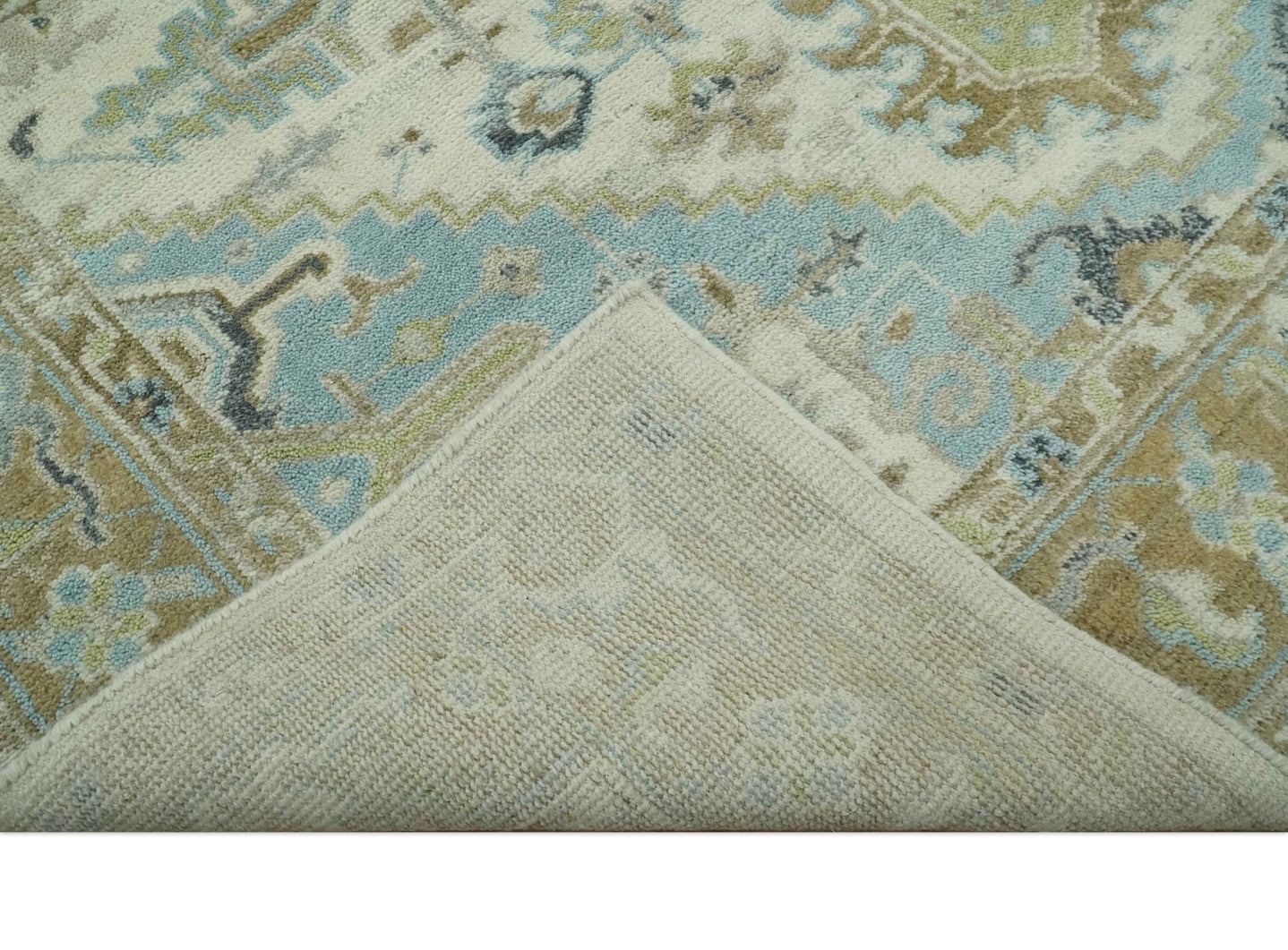 Custom Made Hand Knotted Ivory, Olive and Light Blue Traditional Wool Area Rug - The Rug Decor