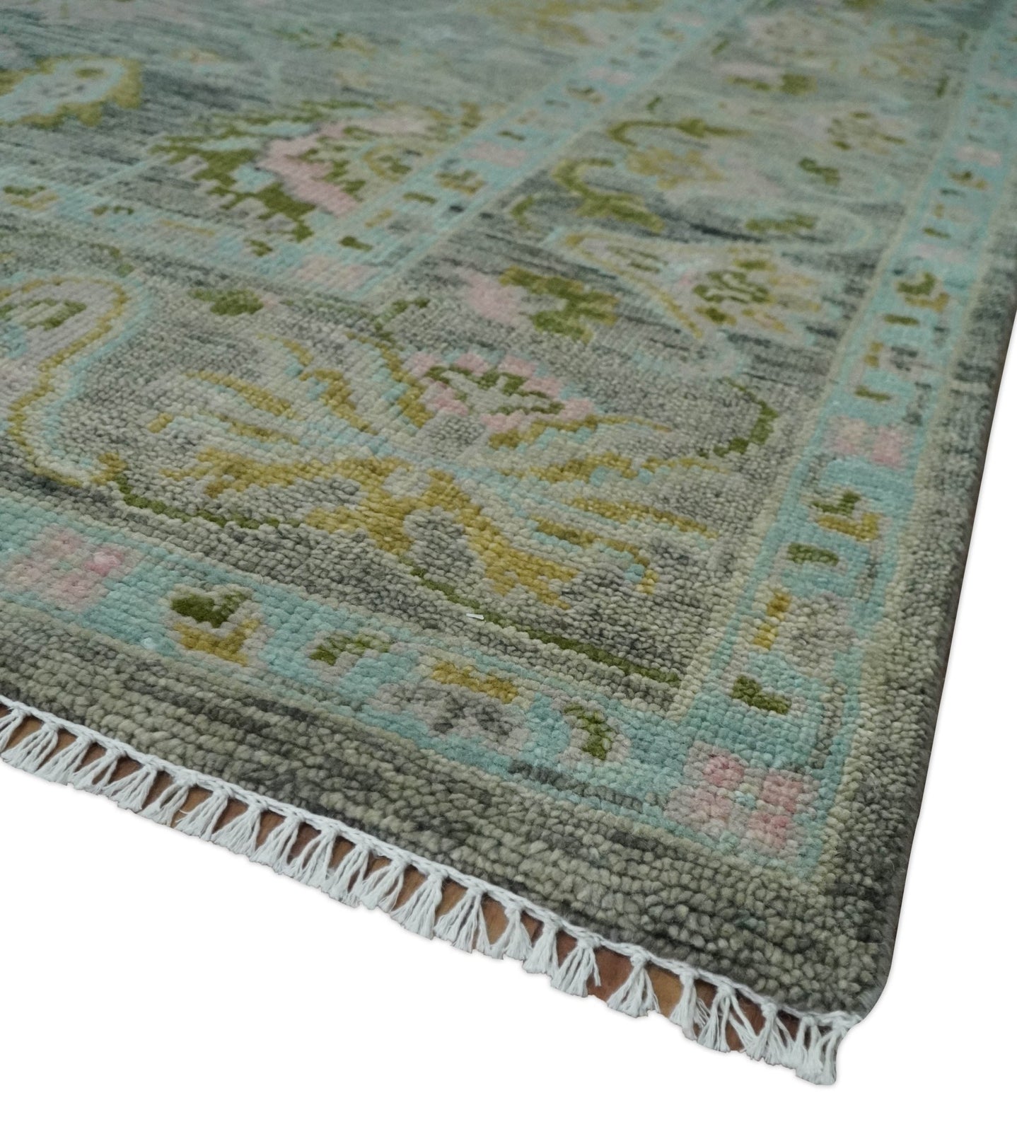 Custom Made Hand Knotted Moss Green Gray and Green Oriental Oushak Multi Size Traditional Wool Area Rug - The Rug Decor