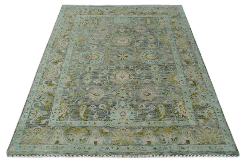 Custom Made Hand Knotted Moss Green Gray and Green Oriental Oushak Multi Size Traditional Wool Area Rug - The Rug Decor