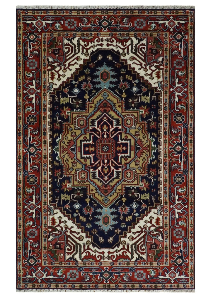 Custom Made Hand Knotted Multi Size Large Olive, Blue, Ivory and Rust Traditional Wool Rug - The Rug Decor