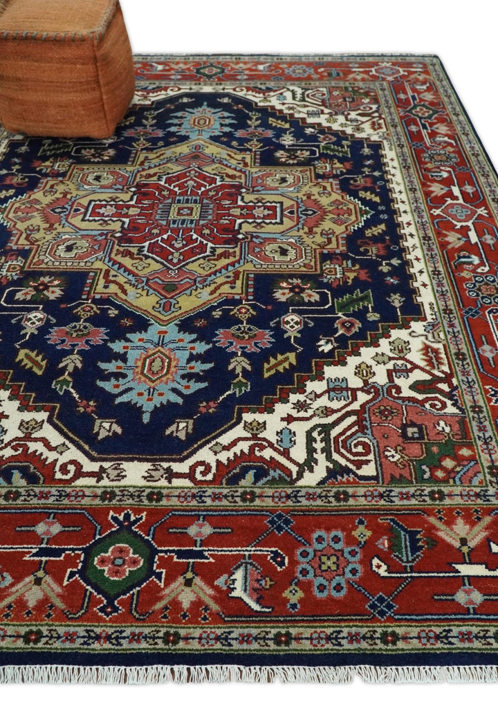 Custom Made Hand Knotted Multi Size Large Olive, Blue, Ivory and Rust Traditional Wool Rug - The Rug Decor