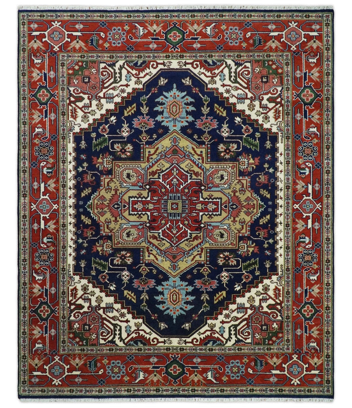 Custom Made Hand Knotted Multi Size Large Olive, Blue, Ivory and Rust Traditional Wool Rug - The Rug Decor