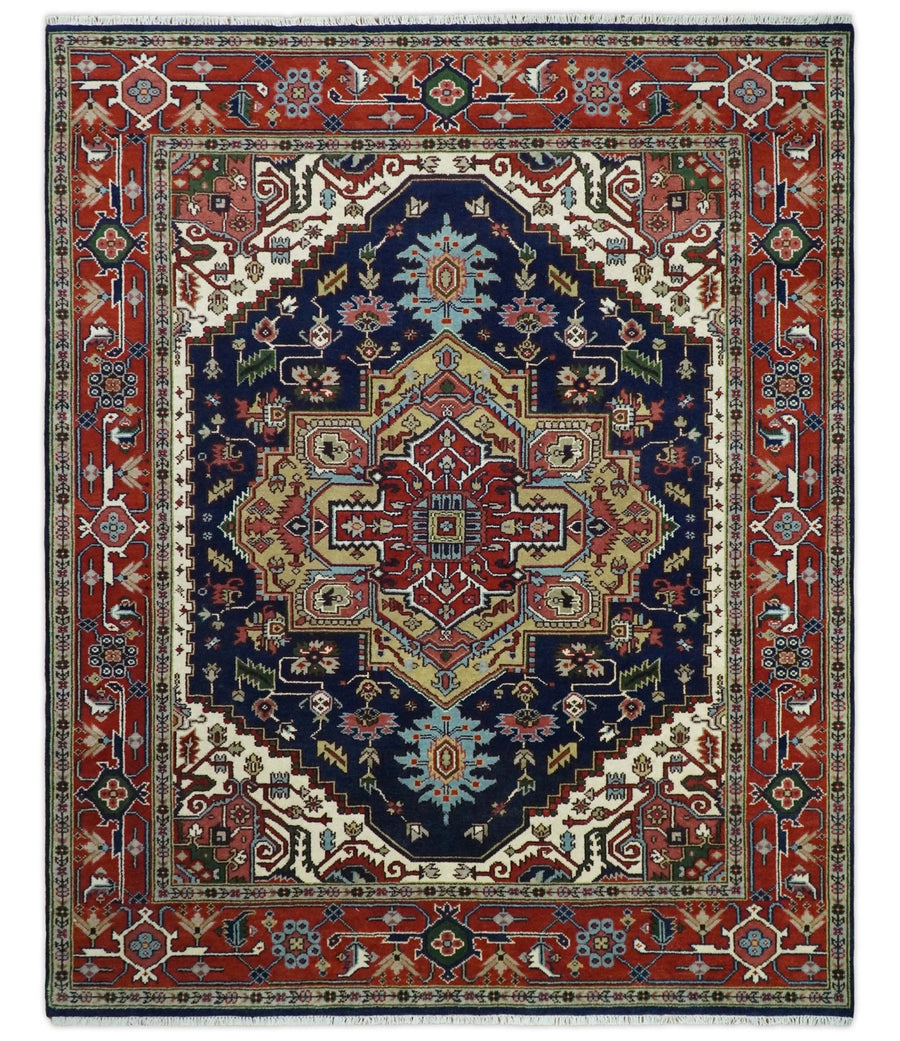 Custom Made Hand Knotted Multi Size Large Olive, Blue, Ivory and Rust Traditional Wool Rug - The Rug Decor