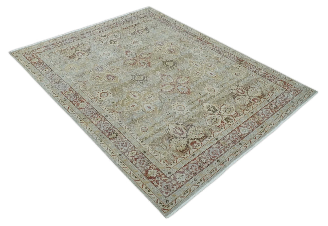 Custom Made Hand Knotted Olive and Rust Distressed Traditional Antique Look Wool Rug - The Rug Decor