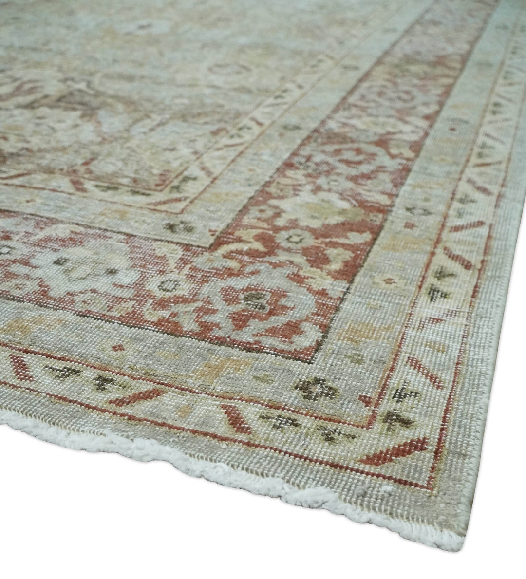 Custom Made Hand Knotted Olive and Rust Distressed Traditional Antique Look Wool Rug - The Rug Decor
