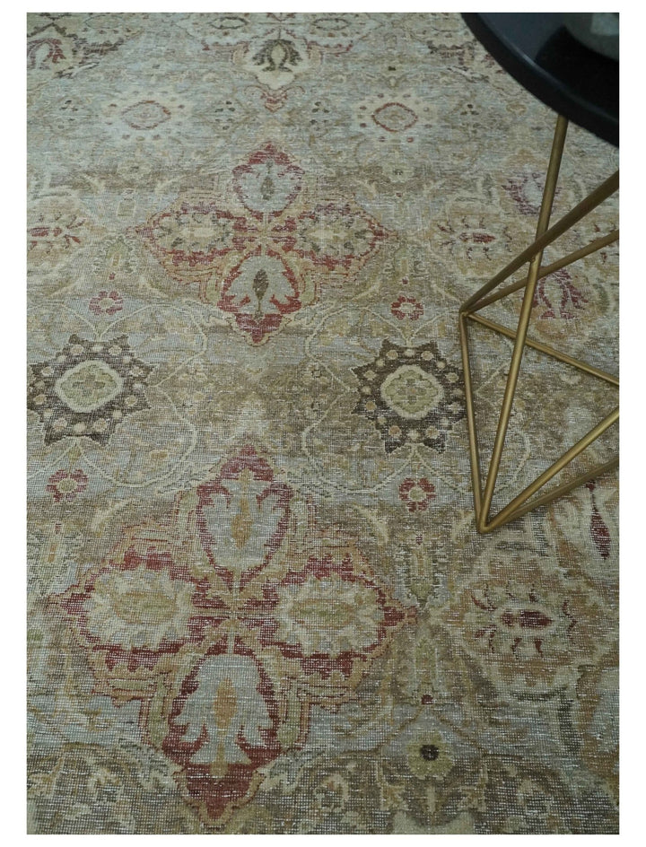 Custom Made Hand Knotted Olive and Rust Distressed Traditional Antique Look Wool Rug - The Rug Decor