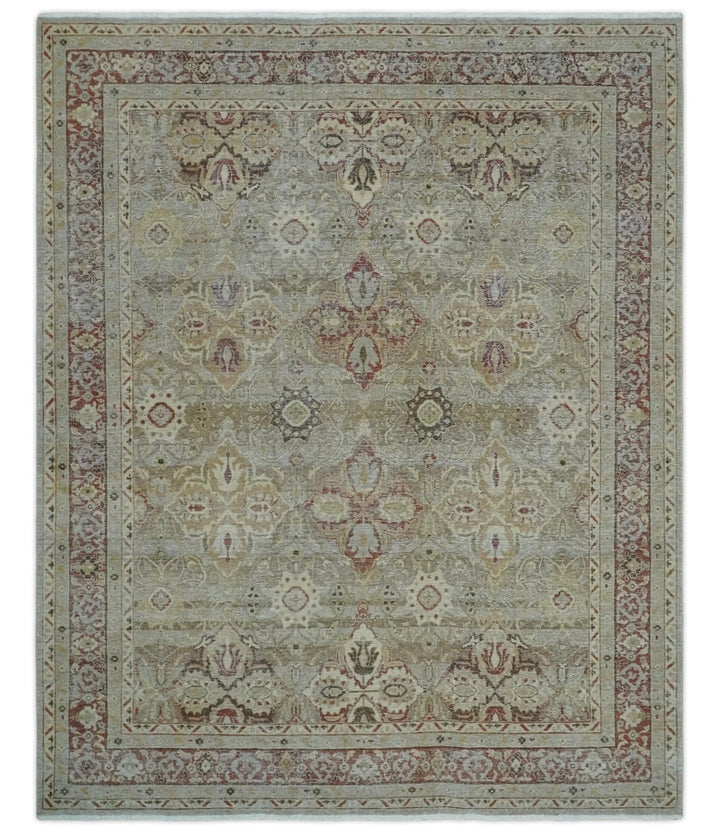 Custom Made Hand Knotted Olive and Rust Distressed Traditional Antique Look Wool Rug - The Rug Decor