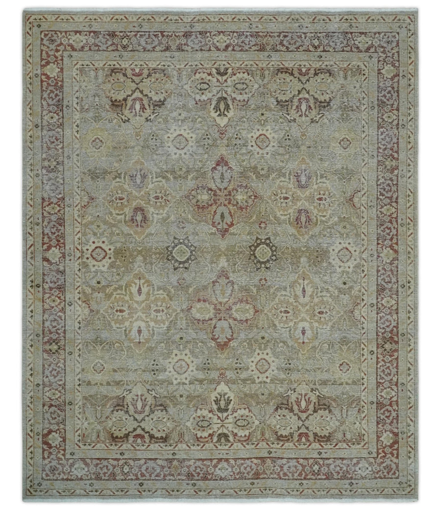 Custom Made Hand Knotted Olive and Rust Distressed Traditional Antique Look Wool Rug - The Rug Decor