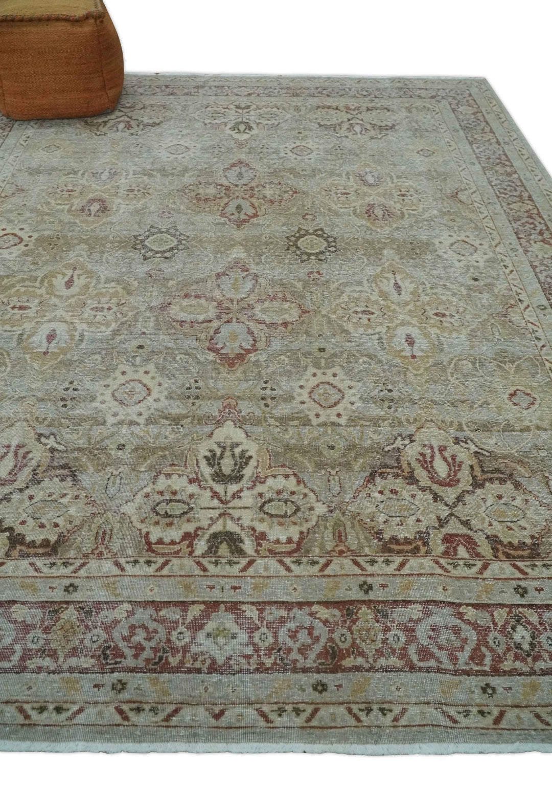 Custom Made Hand Knotted Olive and Rust Distressed Traditional Antique Look Wool Rug - The Rug Decor
