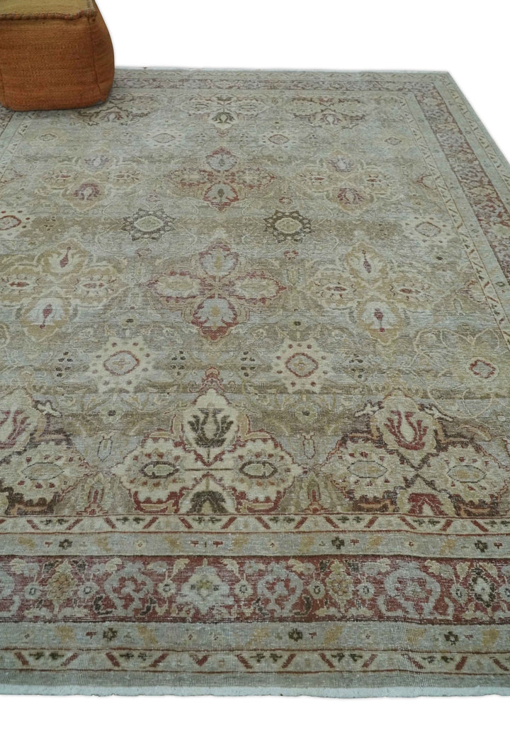 Custom Made Hand Knotted Olive and Rust Distressed Traditional Antique Look Wool Rug - The Rug Decor
