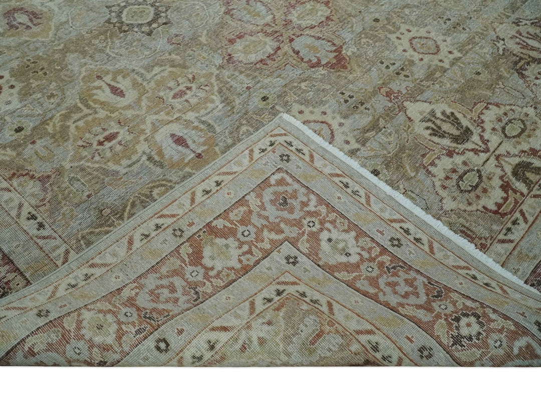 Custom Made Hand Knotted Olive and Rust Distressed Traditional Antique Look Wool Rug - The Rug Decor