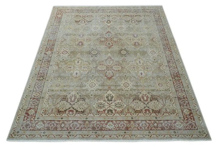 Custom Made Hand Knotted Olive and Rust Distressed Traditional Antique Look Wool Rug - The Rug Decor