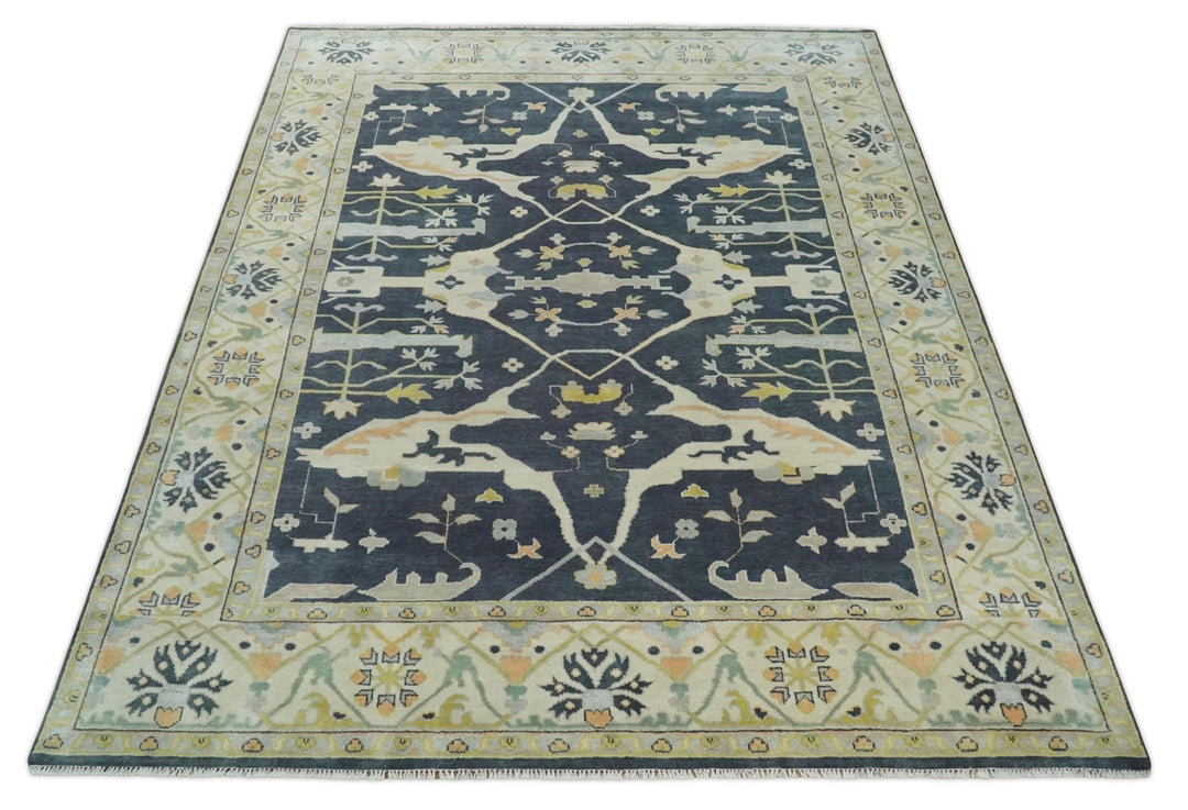 Custom Made Hand Knotted Oriental Oushak Charcoal, Ivory and Olive Wool Area Rug - The Rug Decor