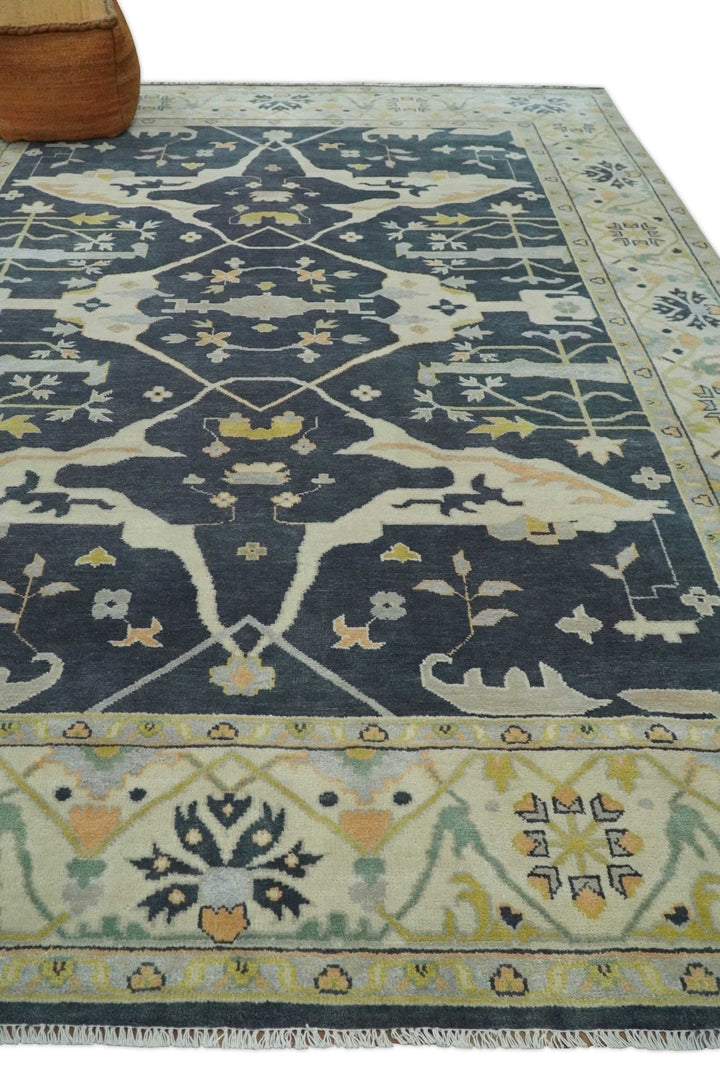 Custom Made Hand Knotted Oriental Oushak Charcoal, Ivory and Olive Wool Area Rug - The Rug Decor