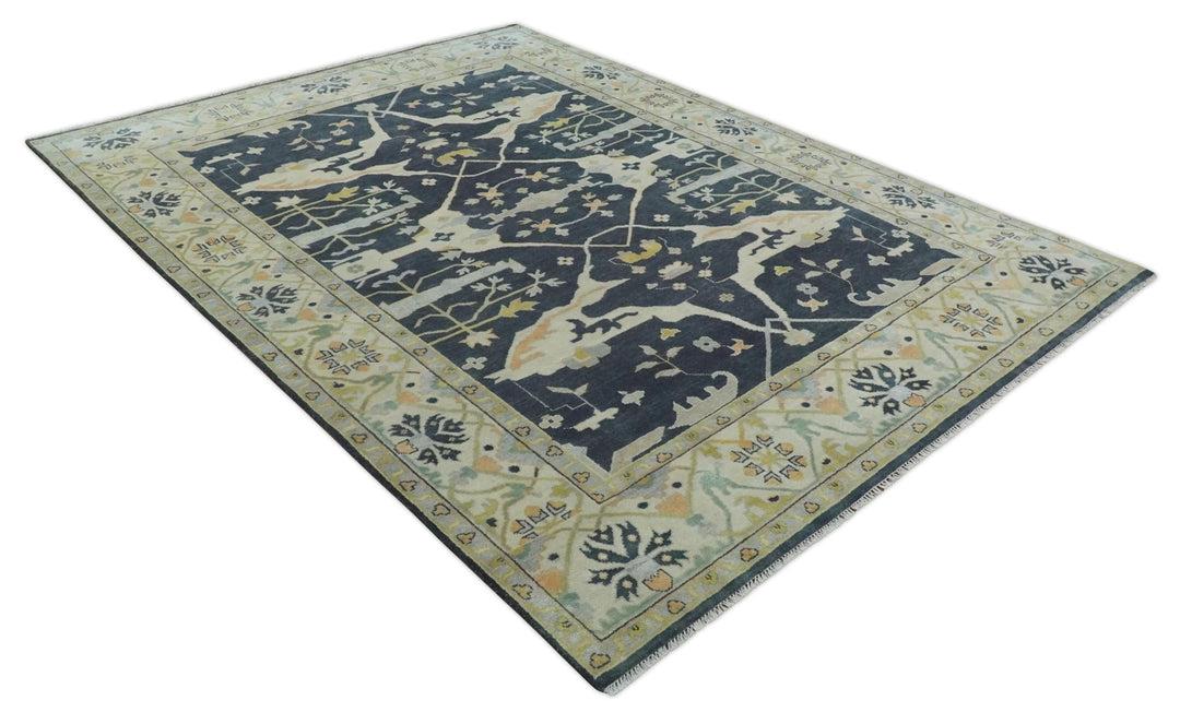 Custom Made Hand Knotted Oriental Oushak Charcoal, Ivory and Olive Wool Area Rug - The Rug Decor