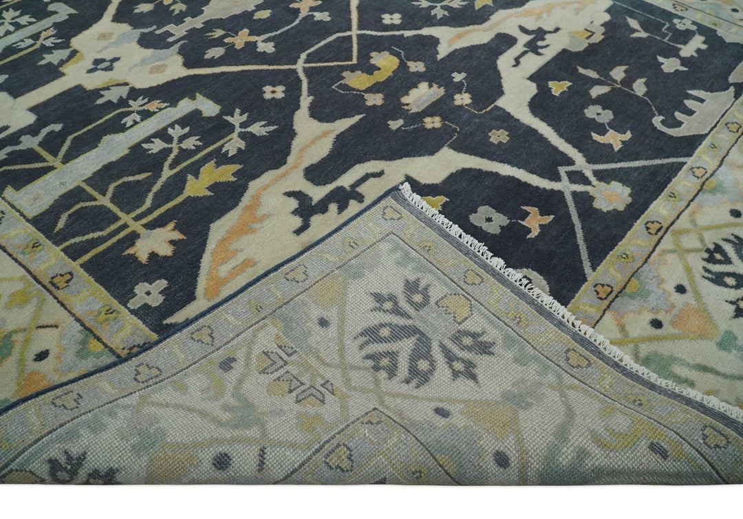 Custom Made Hand Knotted Oriental Oushak Charcoal, Ivory and Olive Wool Area Rug - The Rug Decor