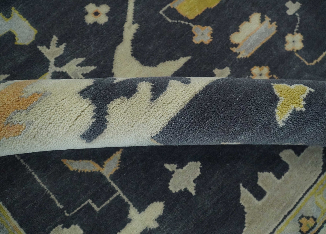 Custom Made Hand Knotted Oriental Oushak Charcoal, Ivory and Olive Wool Area Rug - The Rug Decor