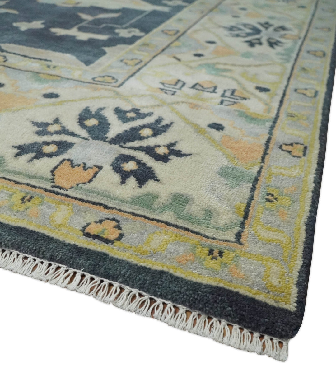 Custom Made Hand Knotted Oriental Oushak Charcoal, Ivory and Olive Wool Area Rug - The Rug Decor