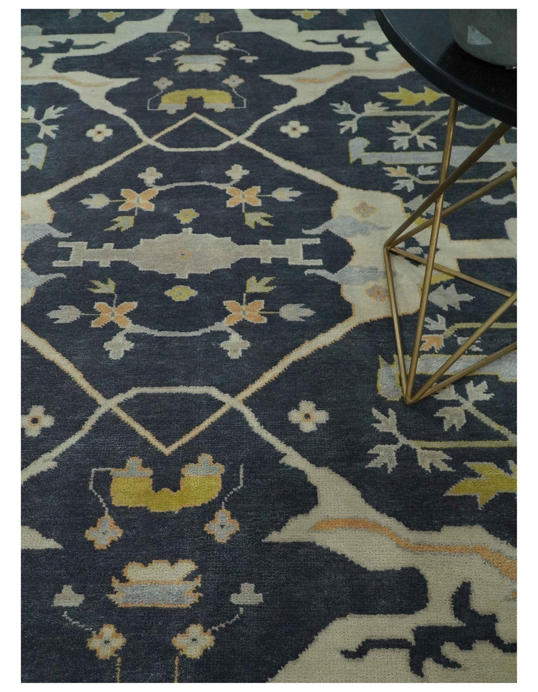 Custom Made Hand Knotted Oriental Oushak Charcoal, Ivory and Olive Wool Area Rug - The Rug Decor