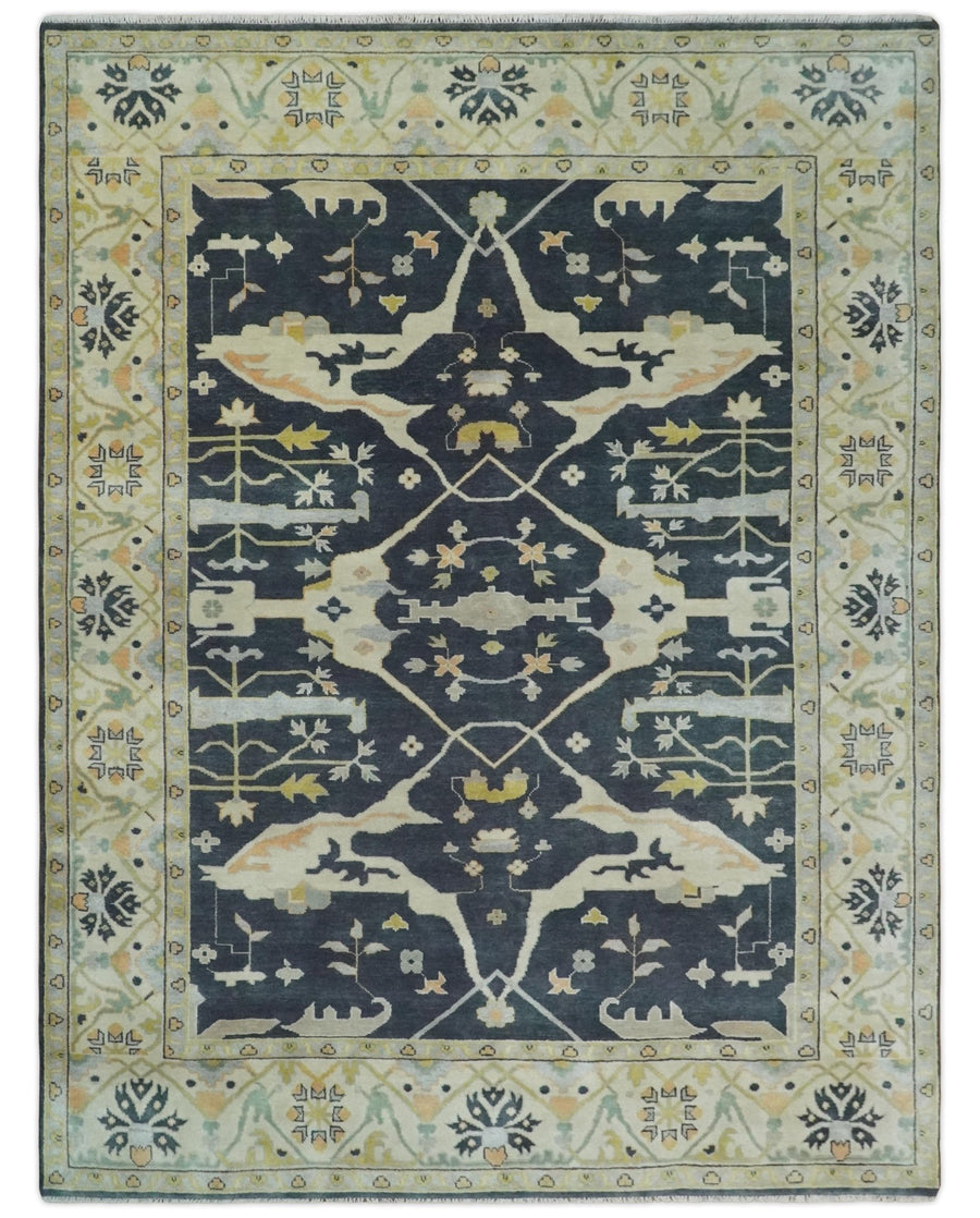 Custom Made Hand Knotted Oriental Oushak Charcoal, Ivory and Olive Wool Area Rug - The Rug Decor