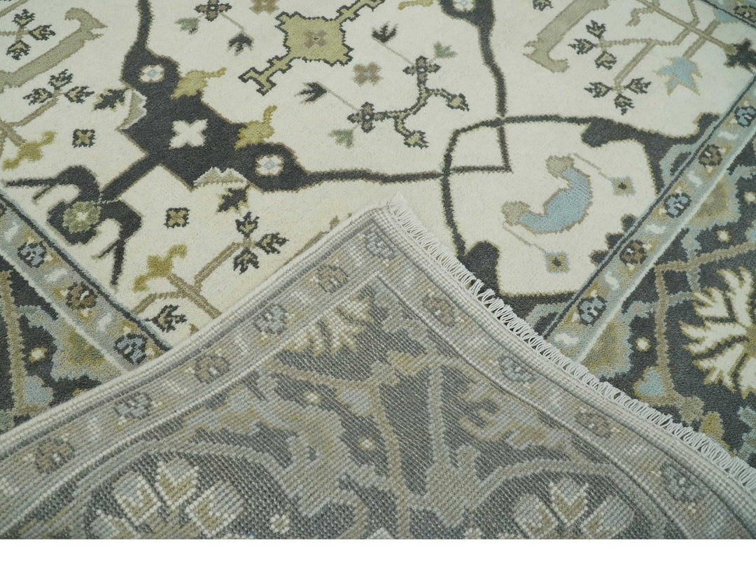 Custom made Hand Knotted Oriental Oushak Ivory, Charcoal and Olive Wool Area Rug - The Rug Decor