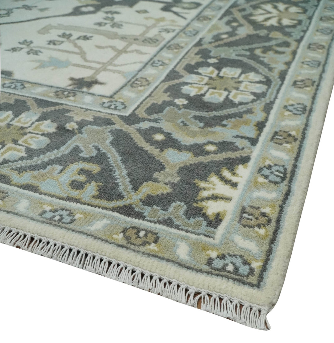 Custom made Hand Knotted Oriental Oushak Ivory, Charcoal and Olive Wool Area Rug - The Rug Decor