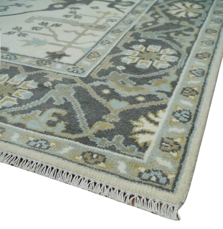 Custom made Hand Knotted Oriental Oushak Ivory, Charcoal and Olive Wool Area Rug - The Rug Decor