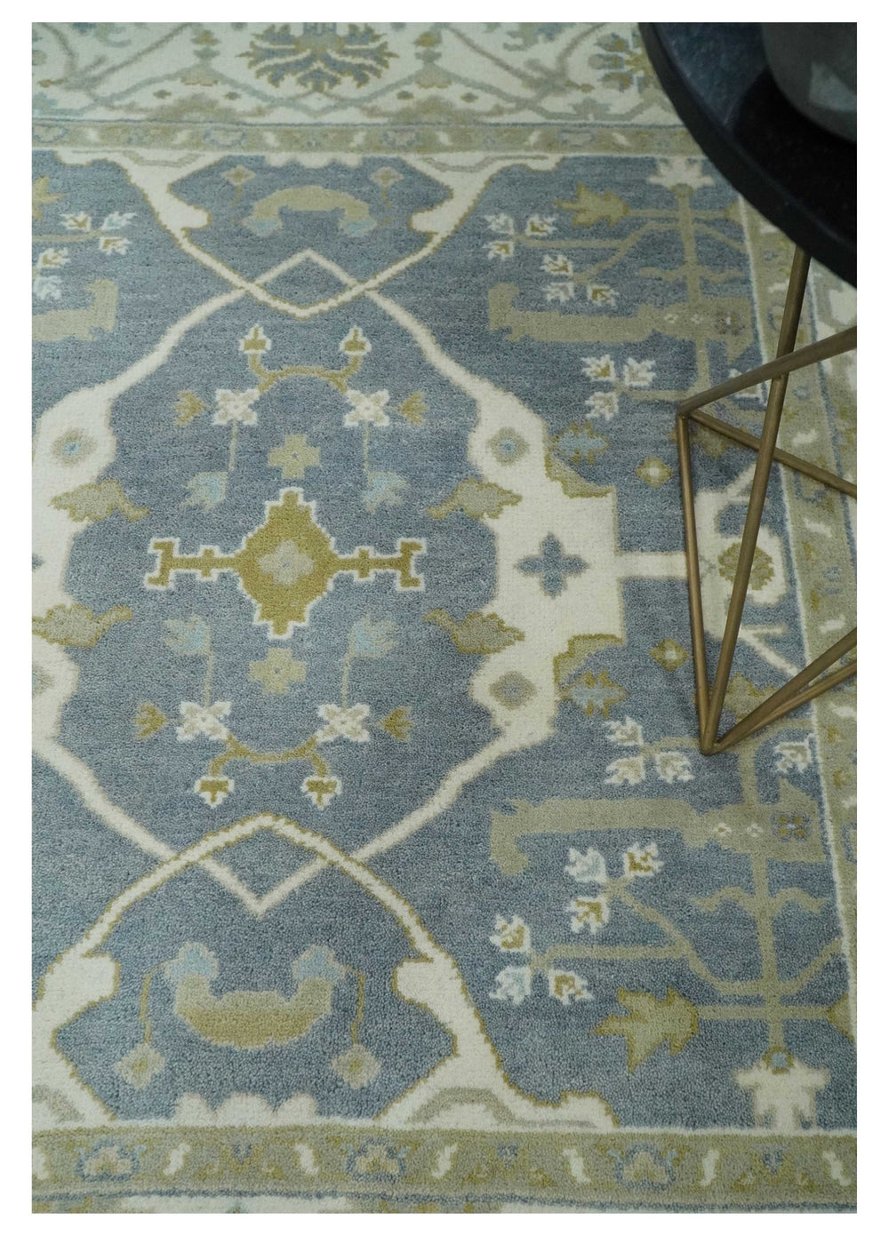 Custom Made Hand Knotted Oriental Oushak Ivory, Charcoal and Olive Wool Area Rug - The Rug Decor